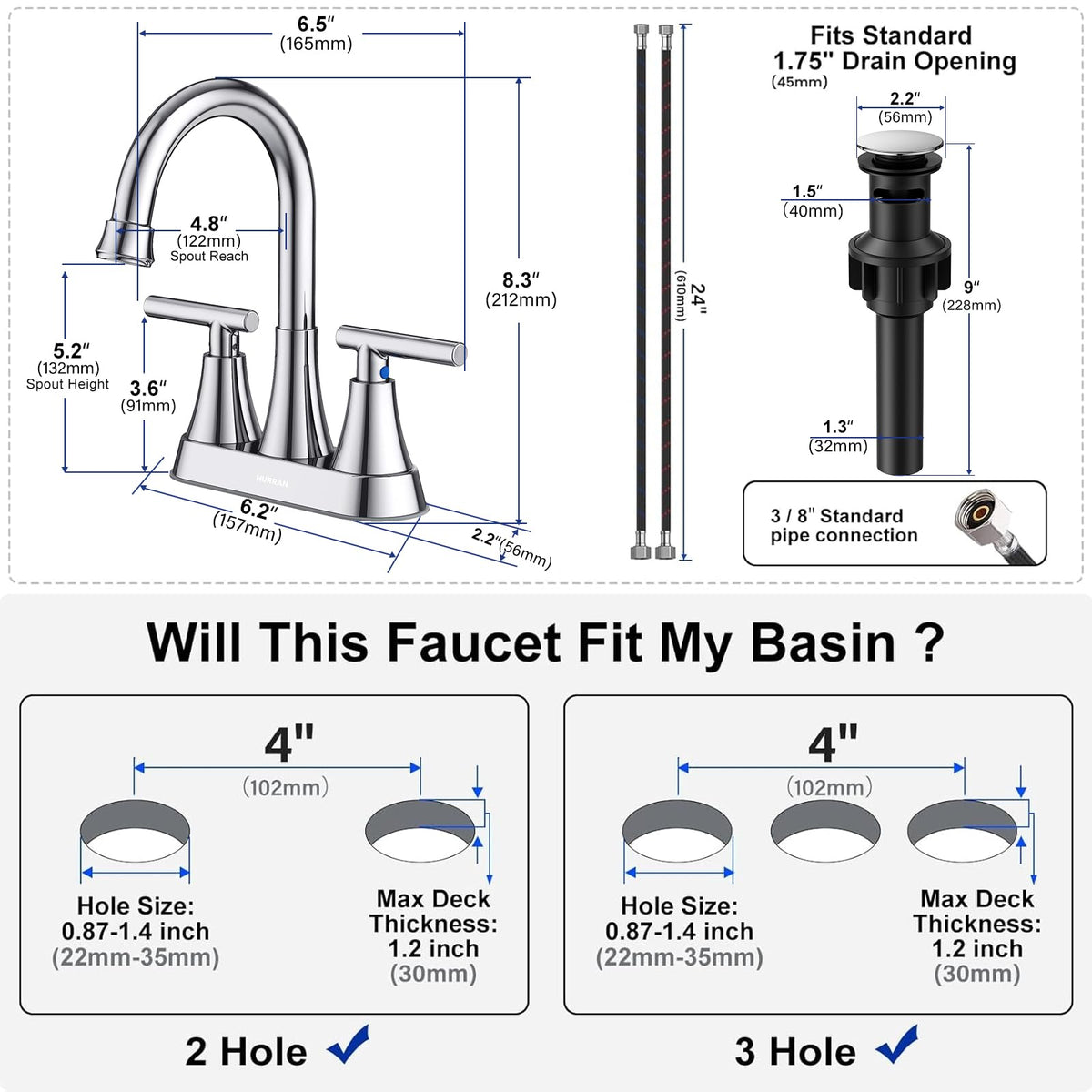 Matte Black Bathroom Faucet, Hurran 4 inch Centerset 2-Handle Lead-Free