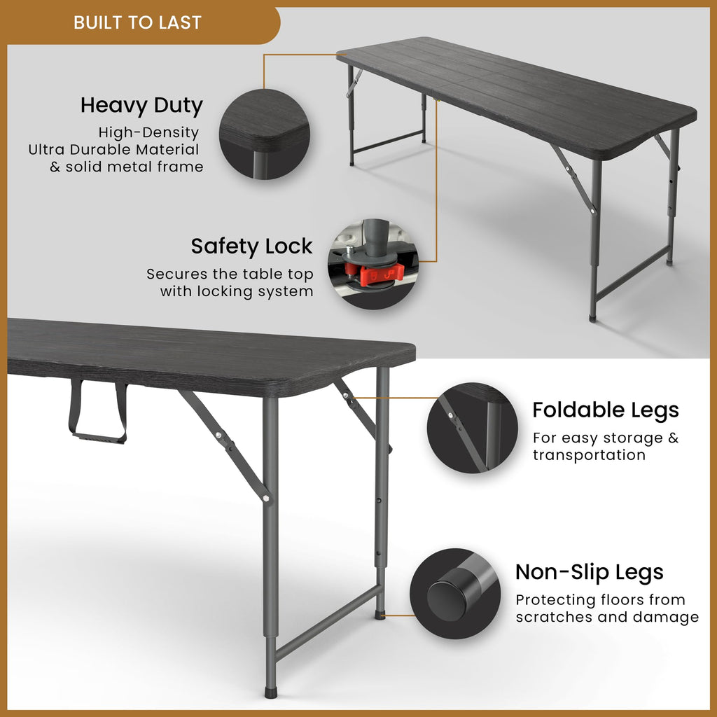 10 PACK of 8 Feet Foldable Table with Built in Handle & Steel Legs | 8 FT Heavy Duty Portable | Perfect for Party, Dining, Wedding, Events, Picnic Indoor, Outdoor, Camping, Temporary - 8 Foot