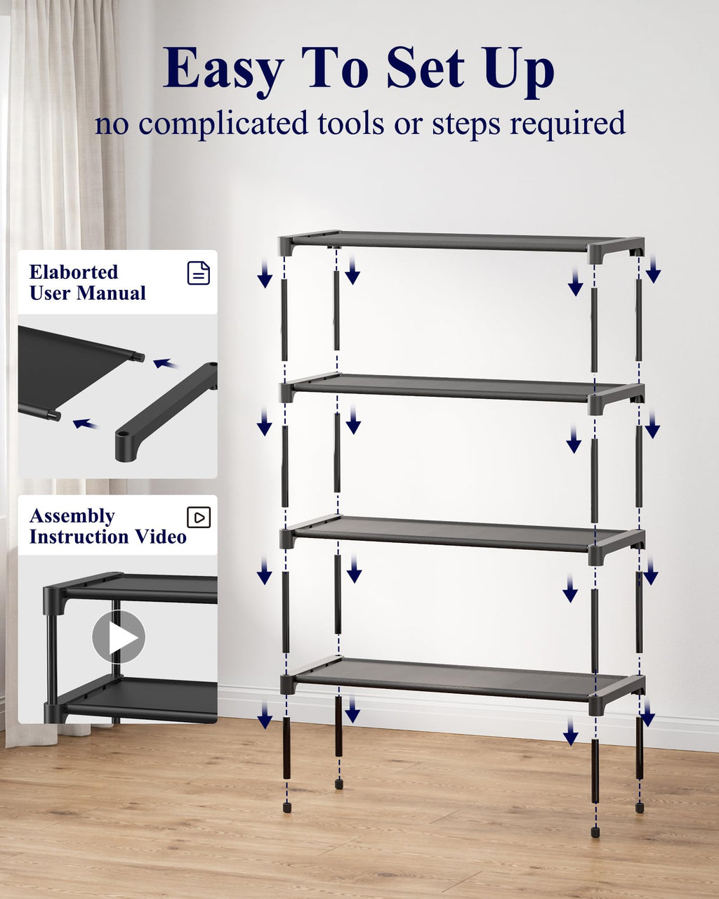 Kitsure Shoe Rack - Non-Woven Shoe Rack Shelf, Shoe Organizer for Closet, Entryway, Garage & Corridor, Stackable Shoe Shelves, 27.5" Wide - 2 Tier, Black