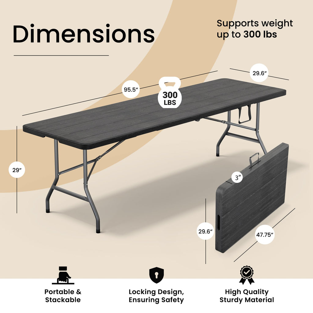 10 PACK of 8 Feet Foldable Table with Built in Handle & Steel Legs | 8 FT Heavy Duty Portable | Perfect for Party, Dining, Wedding, Events, Picnic Indoor, Outdoor, Camping, Temporary - 8 Foot