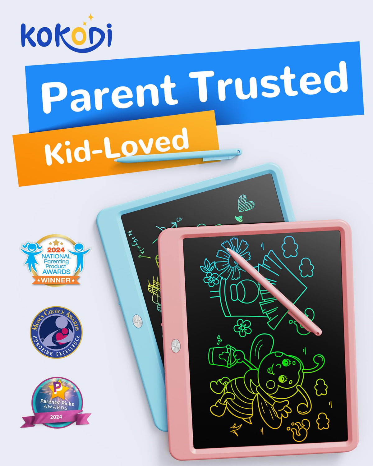 KOKODI LCD Writing Tablet, 12 Inch Colorful Toddler Doodle Board Drawing Tablet, Erasable Reusable Electronic Drawing Pads, Educational and Learning Toy for 3-6 Years Old Boy and Girls(Blue)