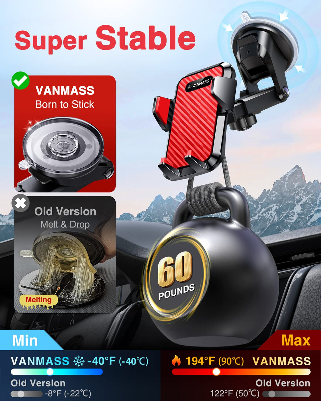 VANMASS【85+LBS Strongest Suction & Military-Grade Ultimate Car Phone Mount【Patent Safety Certs】 Cell Phone Holder for Dash Windshield Vent for iPhone 18 17 Pro Max Automobile Interior Sets, Ink Black