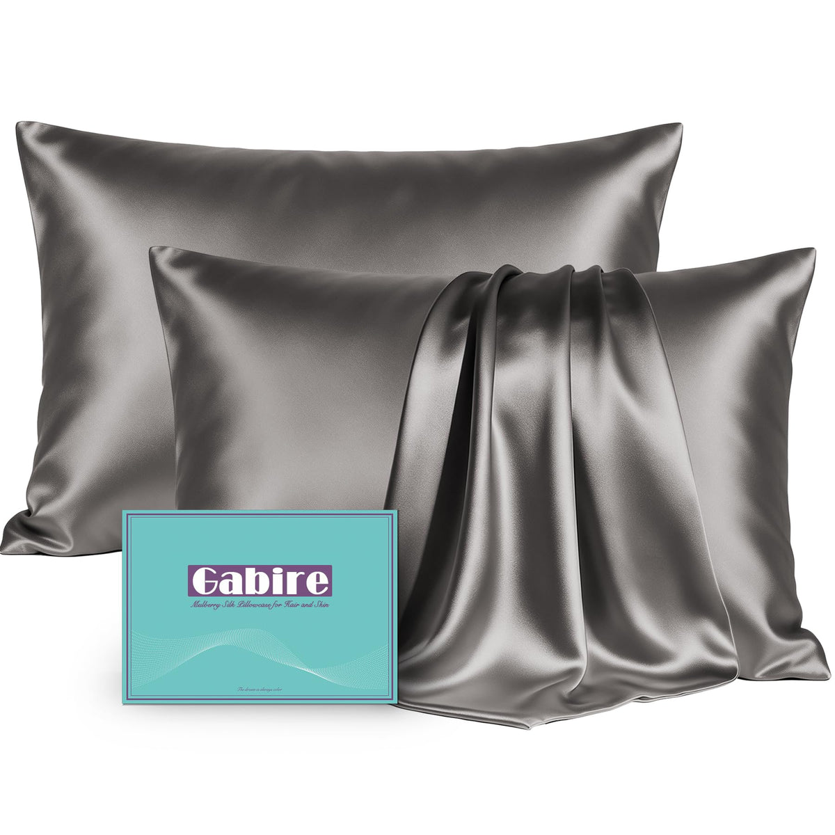 Gabire Mulberry Silk Pillowcases Set of 2, Both Sides Real Silk Pillowcase for Hair and Skin Prevent Acne Pillowcase Organic Silk Pillow case 2 Pack with Hidden Zipper, Navy Blue, Standard (20"×26")
