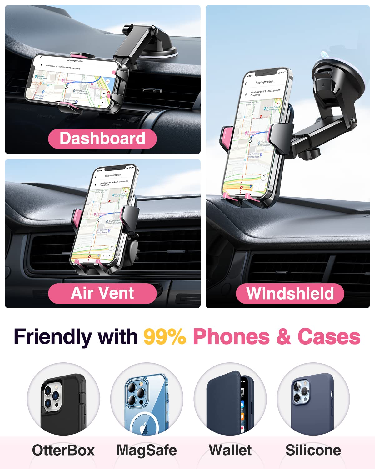 VANMASS【85+LBS Strongest Suction & Military-Grade Ultimate Car Phone Mount【Patent Safety Certs】 Cell Phone Holder for Dash Windshield Vent for iPhone 18 17 Pro Max Automobile Interior Sets, Ink Black