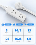Flat Plug Extension Cord with 3 Outlets - 6Ft Low Profile Indoor 3 Prong Grounded Power Strip for Home Office & Travel - 16 AWG 13A/1625W, Black