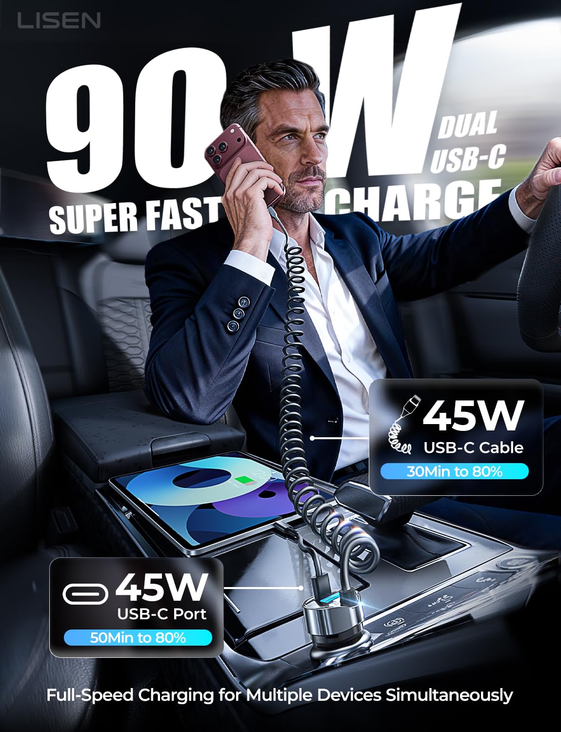for iPhone 18/17 Pro Max Car Charger USB C Fast Charge with Coiled Cable