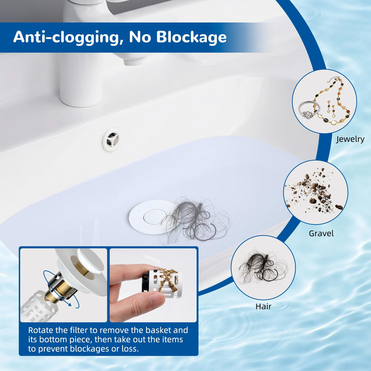 Hibbent Upgraded 3 in 1 Bathroom Sink Drain Strainer, Pop Up Stopper