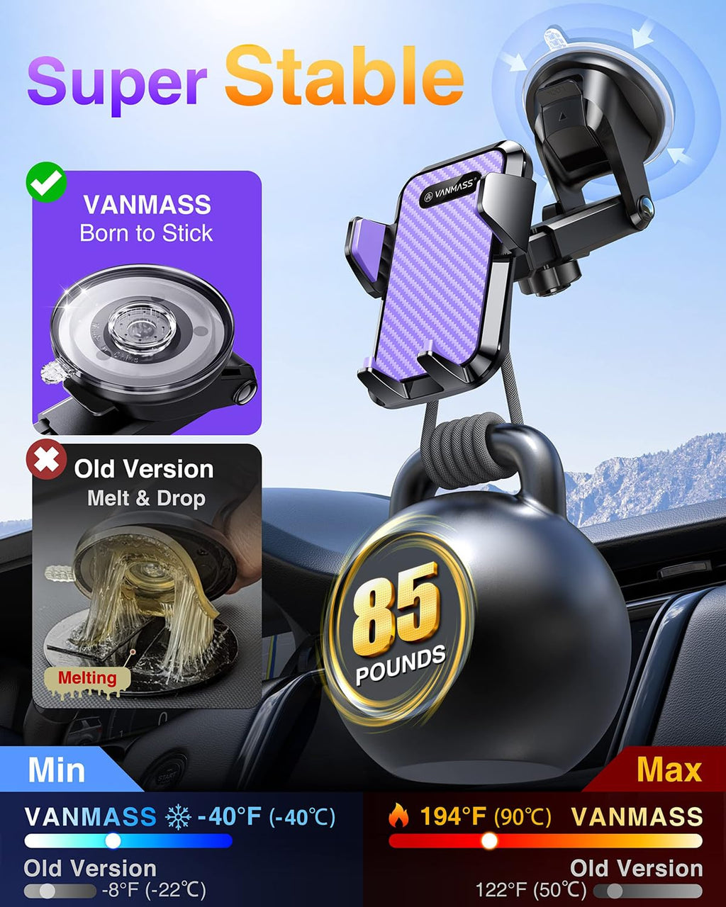 VANMASS【85+LBS Strongest Suction & Military-Grade Ultimate Car Phone Mount【Patent Safety Certs】 Cell Phone Holder for Dash Windshield Vent for iPhone 18 17 Pro Max Automobile Interior Sets, Ink Black