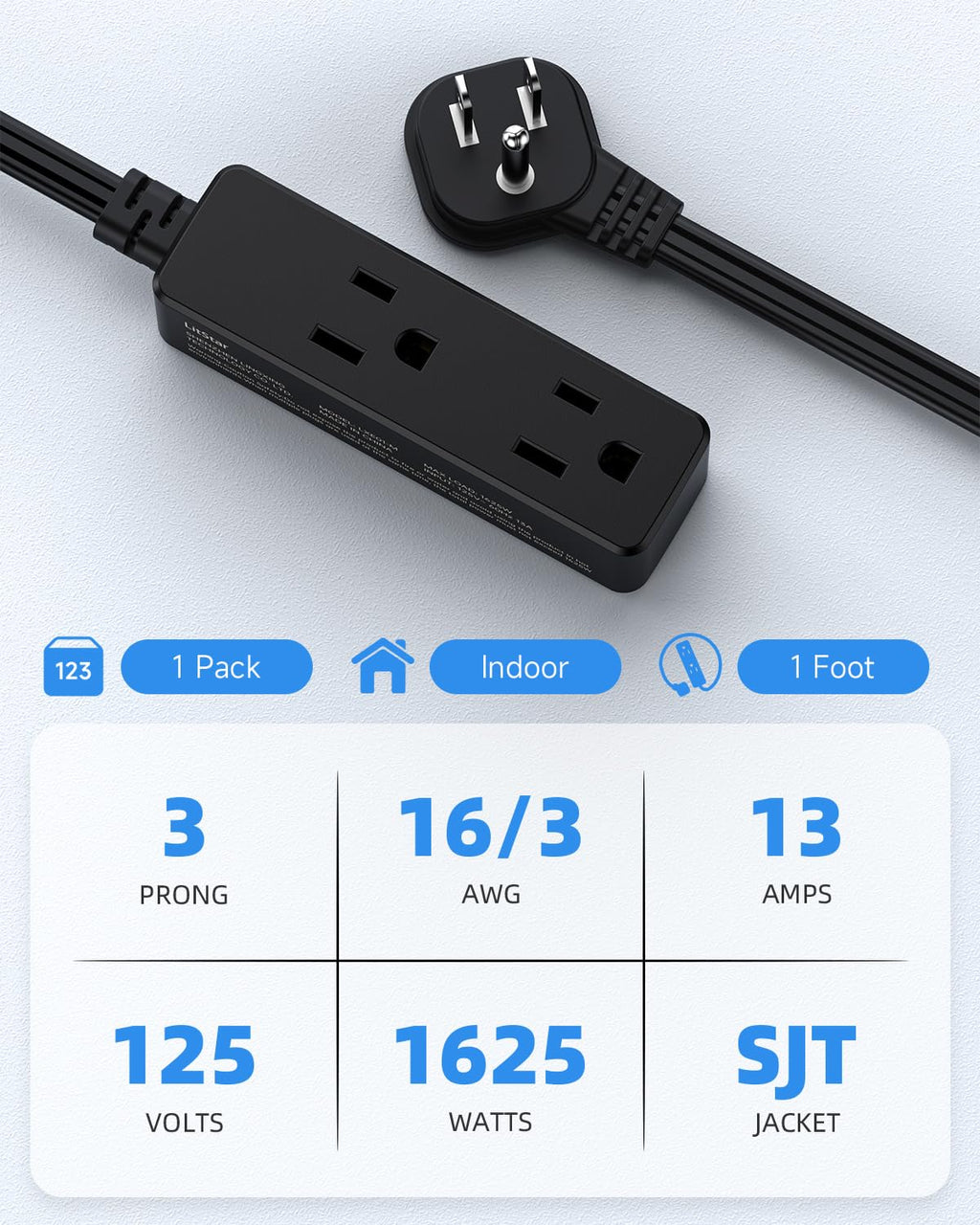 Flat Plug Extension Cord with 3 Outlets - 6Ft Low Profile Indoor 3 Prong Grounded Power Strip for Home Office & Travel - 16 AWG 13A/1625W, Black