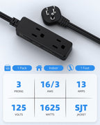 Flat Plug Extension Cord with 3 Outlets - 6Ft Low Profile Indoor 3 Prong Grounded Power Strip for Home Office & Travel - 16 AWG 13A/1625W, Black