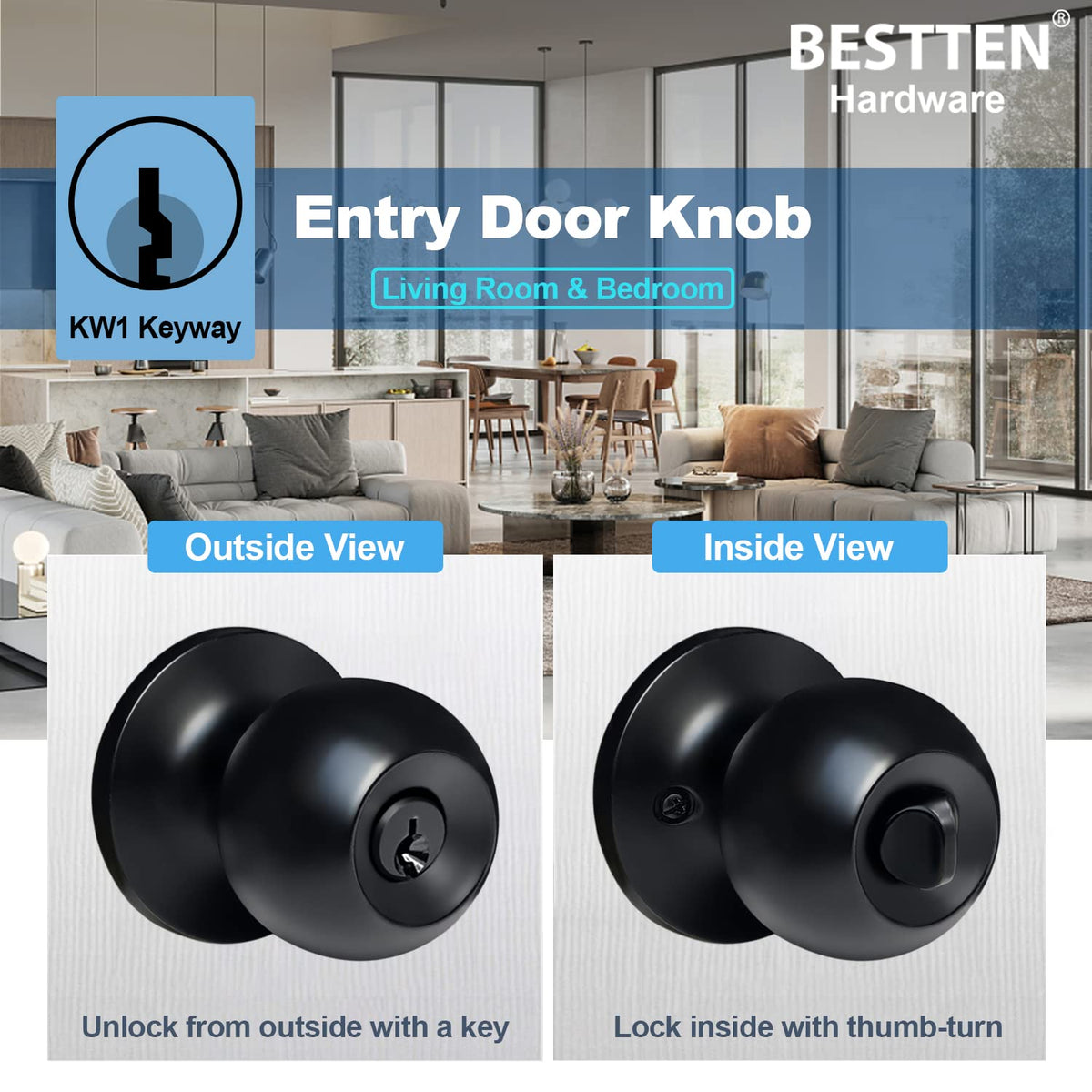 BESTTEN Keyed Entry Door Knob with Lock, Heavy Duty Interior and Exterior Door Lock, Standard Ball, Satin Nickel