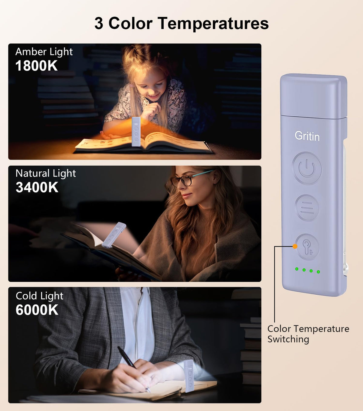 Gritin Book Light Rechargeable, Clip on LED Reading Light for Books in Bed