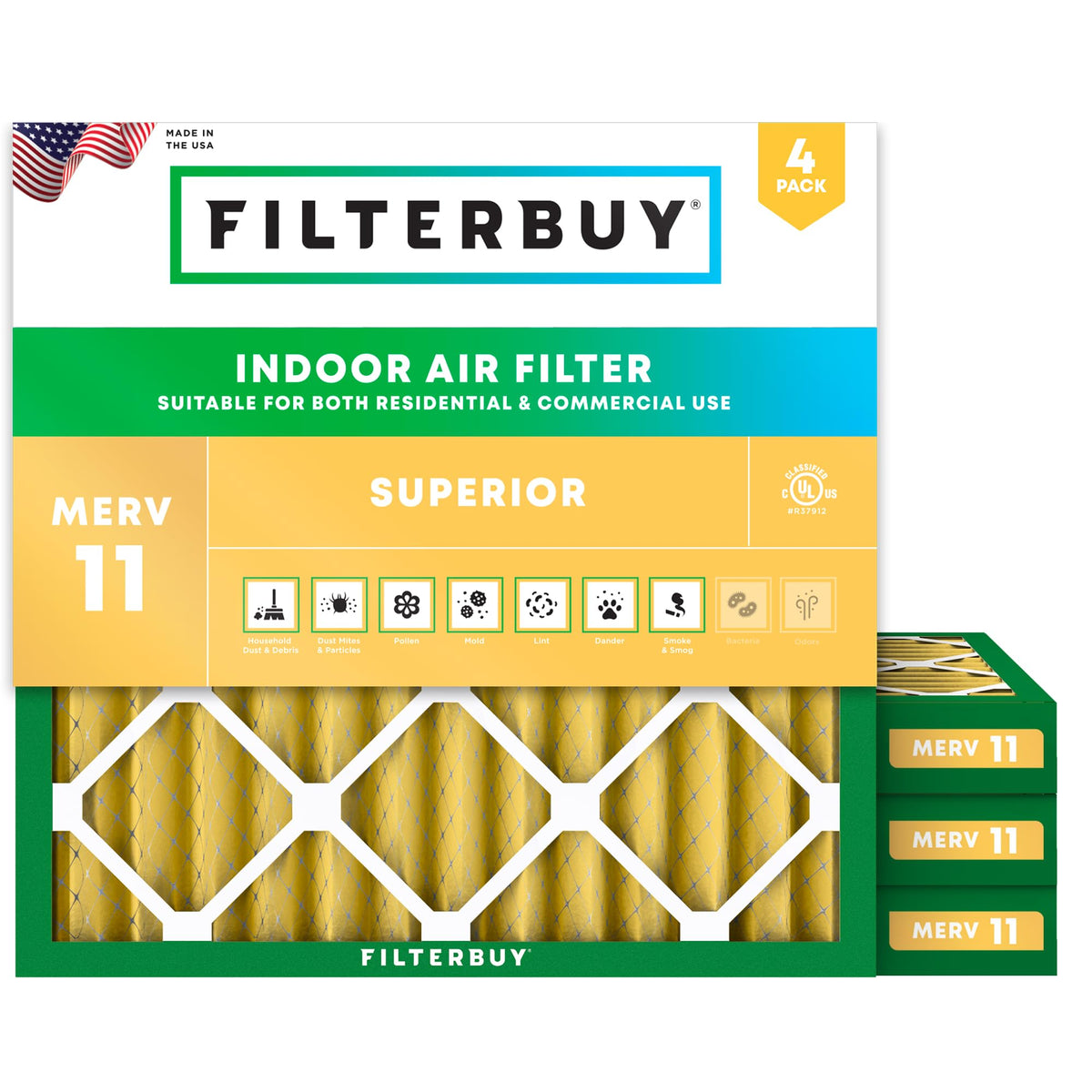 Filterbuy 20x20x1 Air Filter MERV 11 Pet & Allergy Defense (4-Pack)