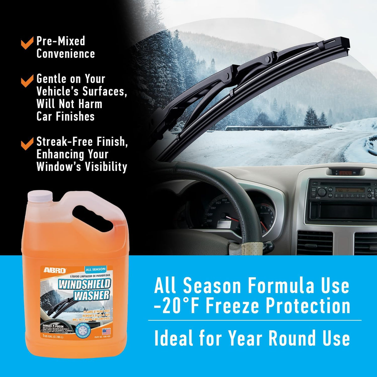 ABRO Windshield Washer Fluid 1 Gallon, Streak-Free Bug Remover, 1 Pack