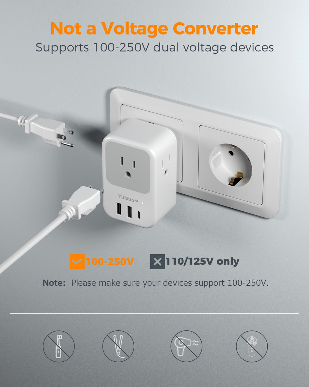 TESSAN European Travel Plug Adapter 2 Pack, Type C Plug