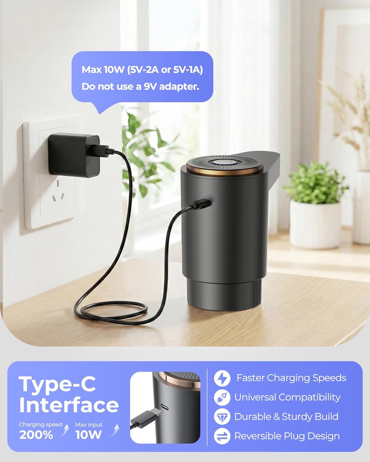 Water Jug Pump for 5 Gallon Bottle – Portable Electric USB-C Charging Dispenser, Dual Powerful Motors, Fast Flow, Fits 2-5 Gallon Jugs – Ideal for Home, Office, Camping, RV, Black