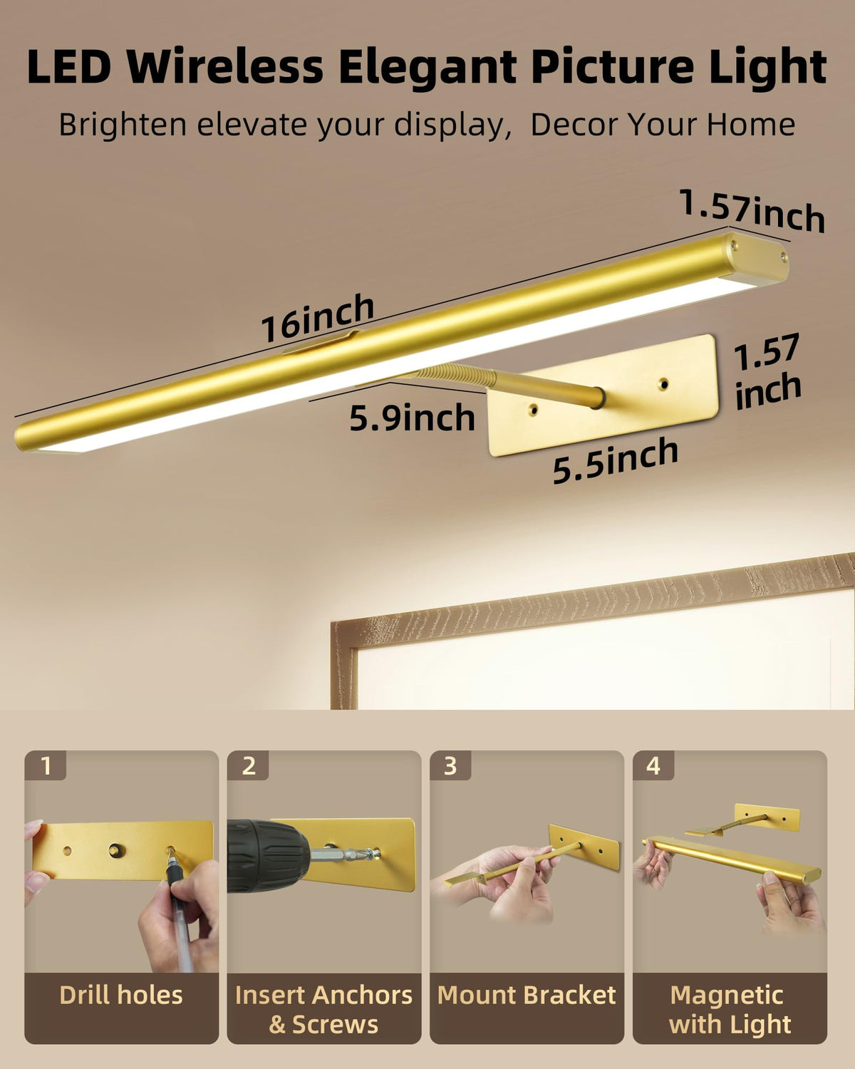 EZVALO Picture Light for Wall, 13'' Rechargeable Magnetic with Remote