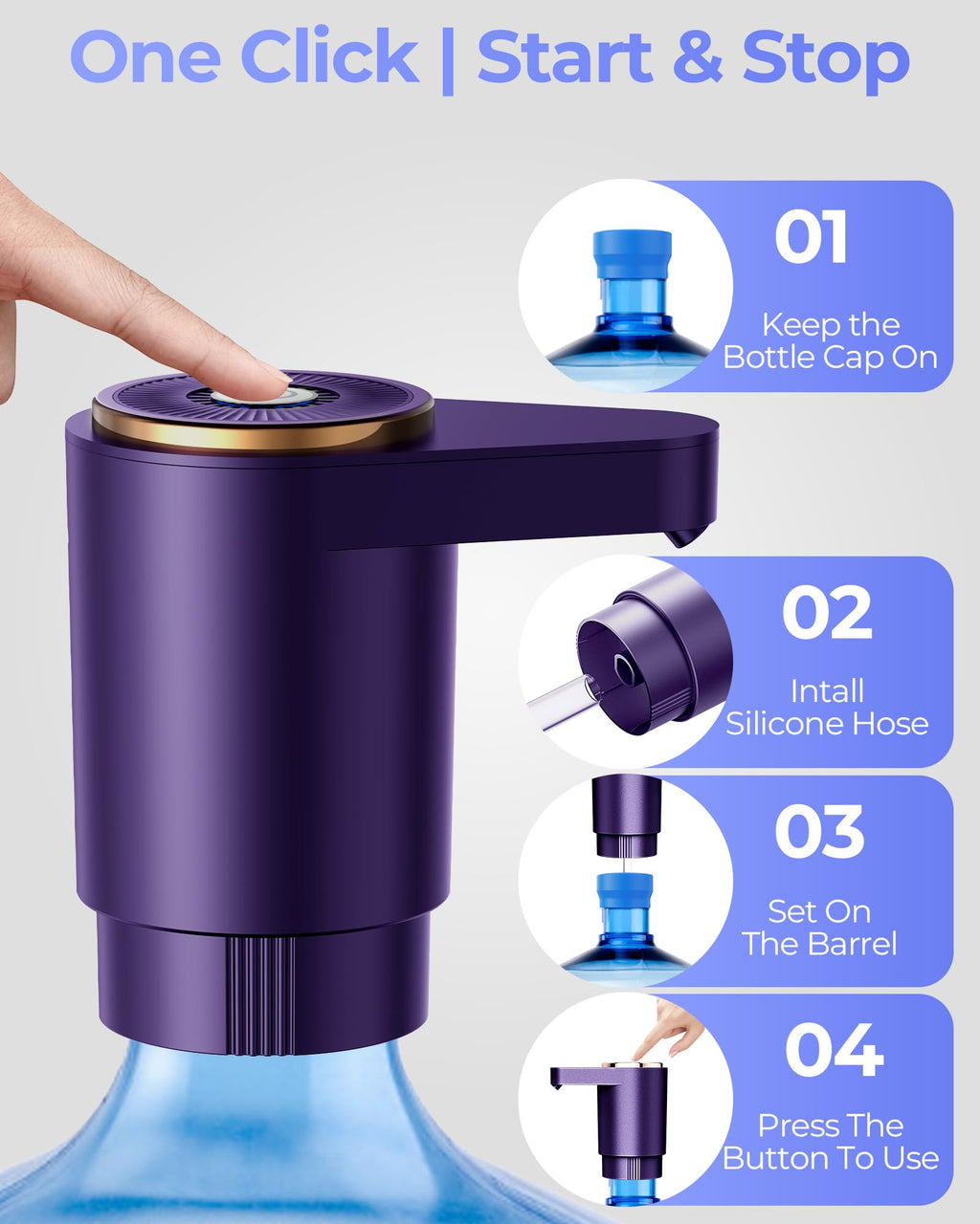 Water Jug Pump for 5 Gallon Bottle – Portable Electric USB-C Charging Dispenser, Dual Powerful Motors, Fast Flow, Fits 2-5 Gallon Jugs – Ideal for Home, Office, Camping, RV, Black