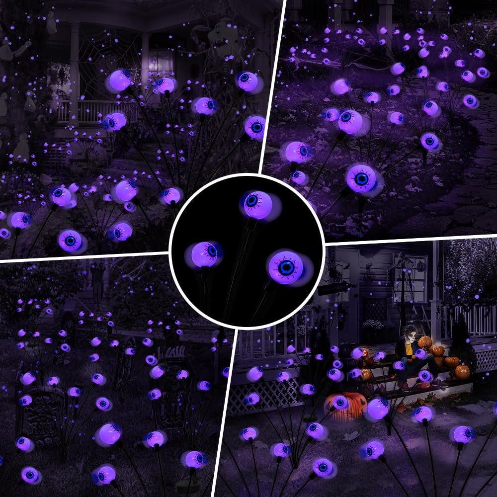 BeHiller Halloween Decorations Outdoor Solar Scary Eyeball Lights,2PACKS 12LED Green Eyeball Swaying Firefly Lights,Waterproof Solar Halloween Path Lights for Yard/Garden/Lawn/Party Decor