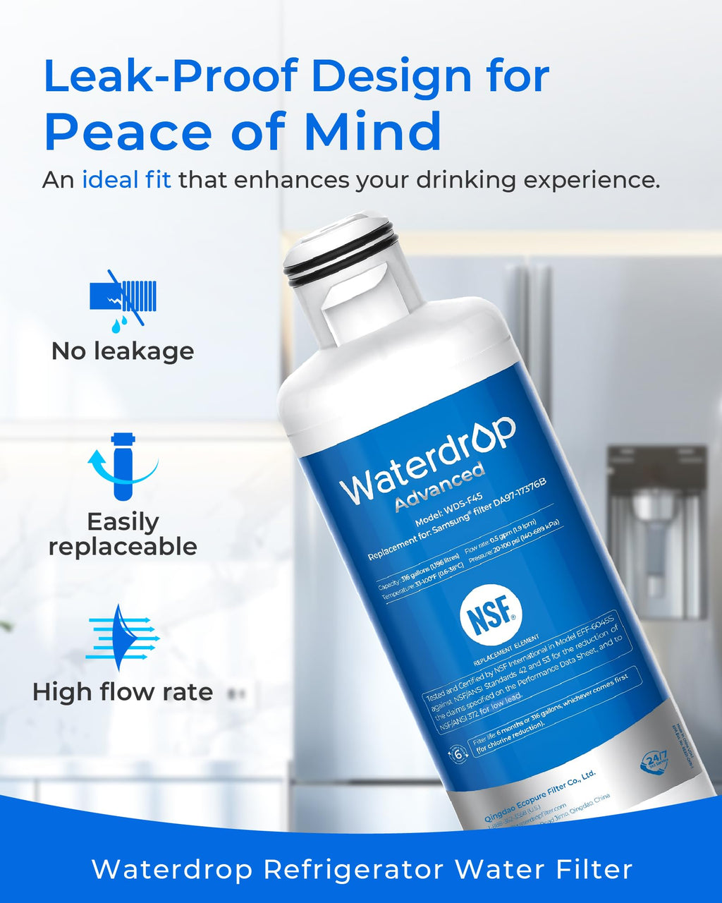 Waterdrop WD-F45 Water Filter, Replacement for Samsung® DA97-17376B, 3 Pack