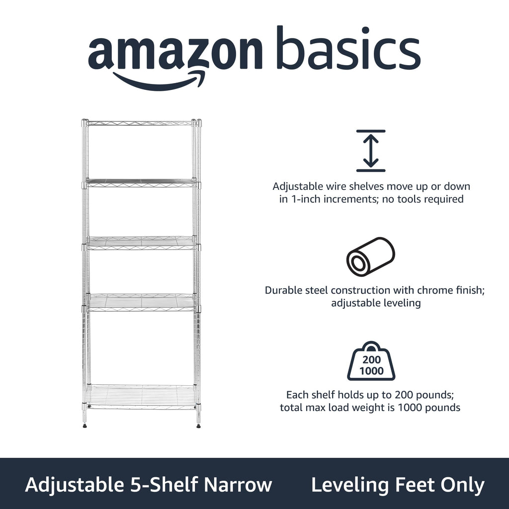 Amazon Basics 5-Shelf Tower Adjustable Storage Shelving Unit, Chrome, 16" x 16" x 54", 150 lbs Per Shelf