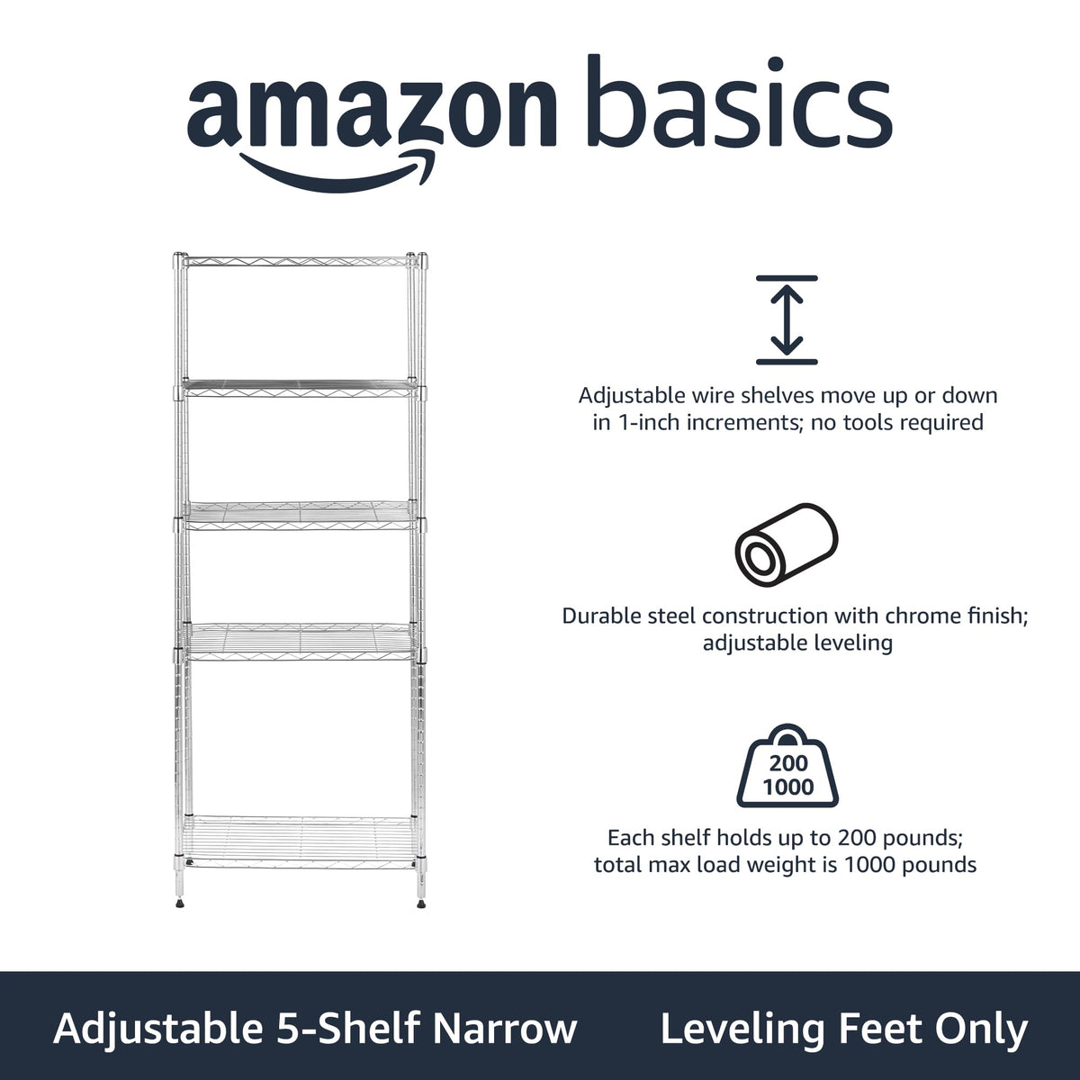 Amazon Basics 5-Shelf Tower Adjustable Storage Shelving Unit, Chrome, 16" x 16" x 54", 150 lbs Per Shelf