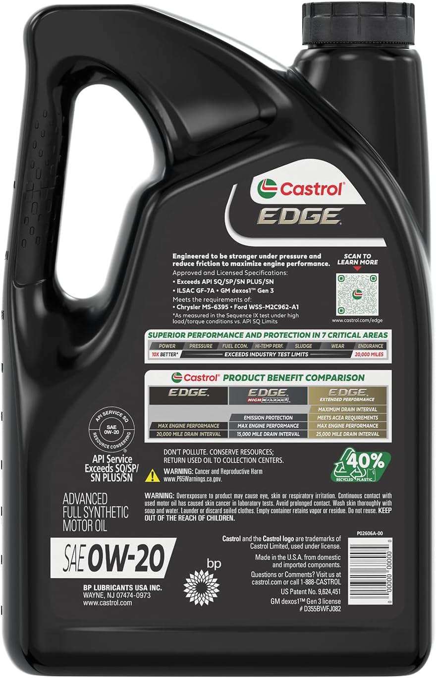 Castrol EDGE 0W-20 Advanced Full Synthetic Motor Oil, 5 Quarts