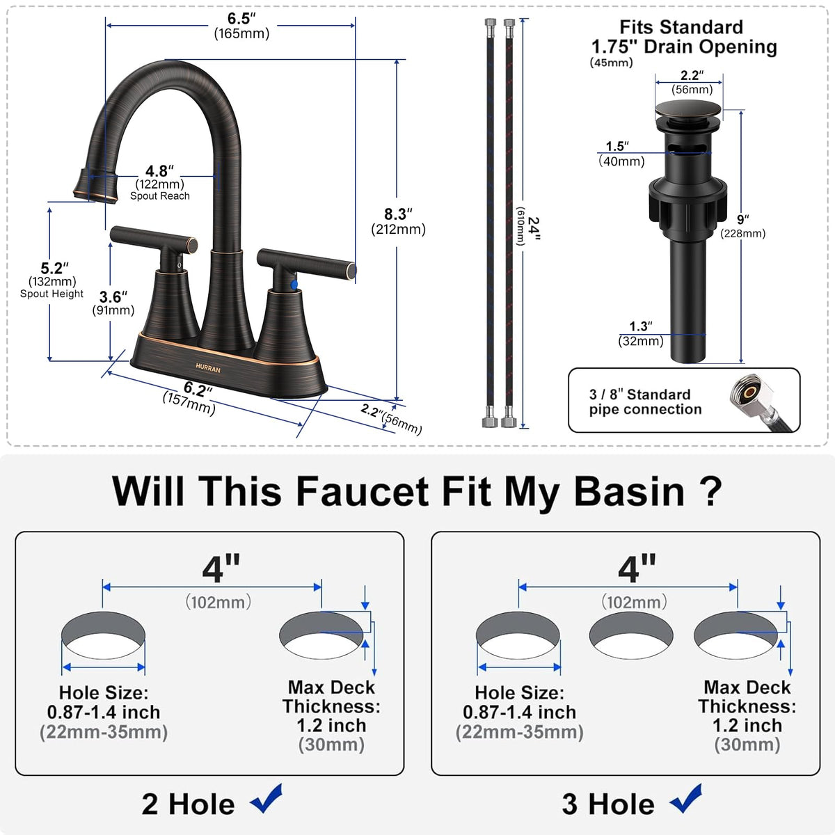 Matte Black Bathroom Faucet, Hurran 4 inch Centerset 2-Handle Lead-Free