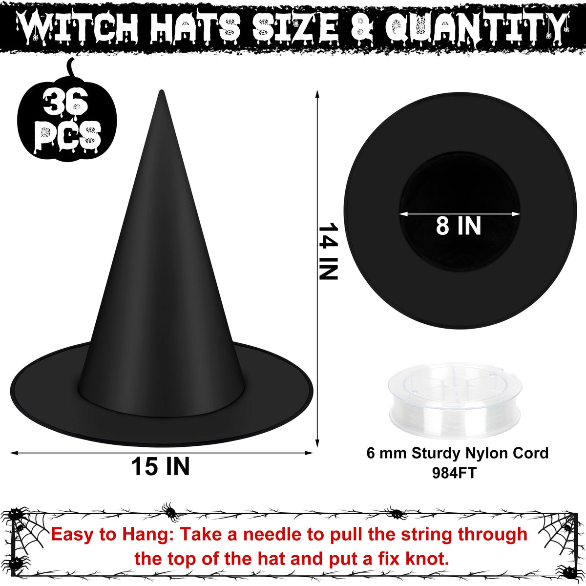 24 PCS Halloween Witch Hat with Nylon Ropes for Halloween Yard Decor