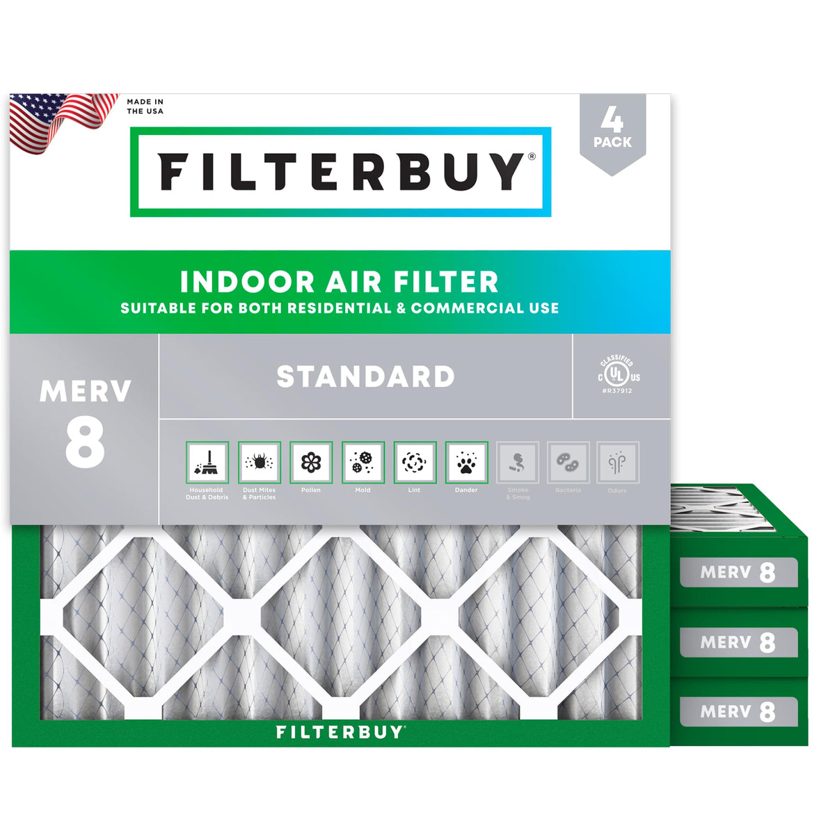 Filterbuy 20x20x1 Air Filter MERV 8 Dust & Allergy Defense (4-Pack)