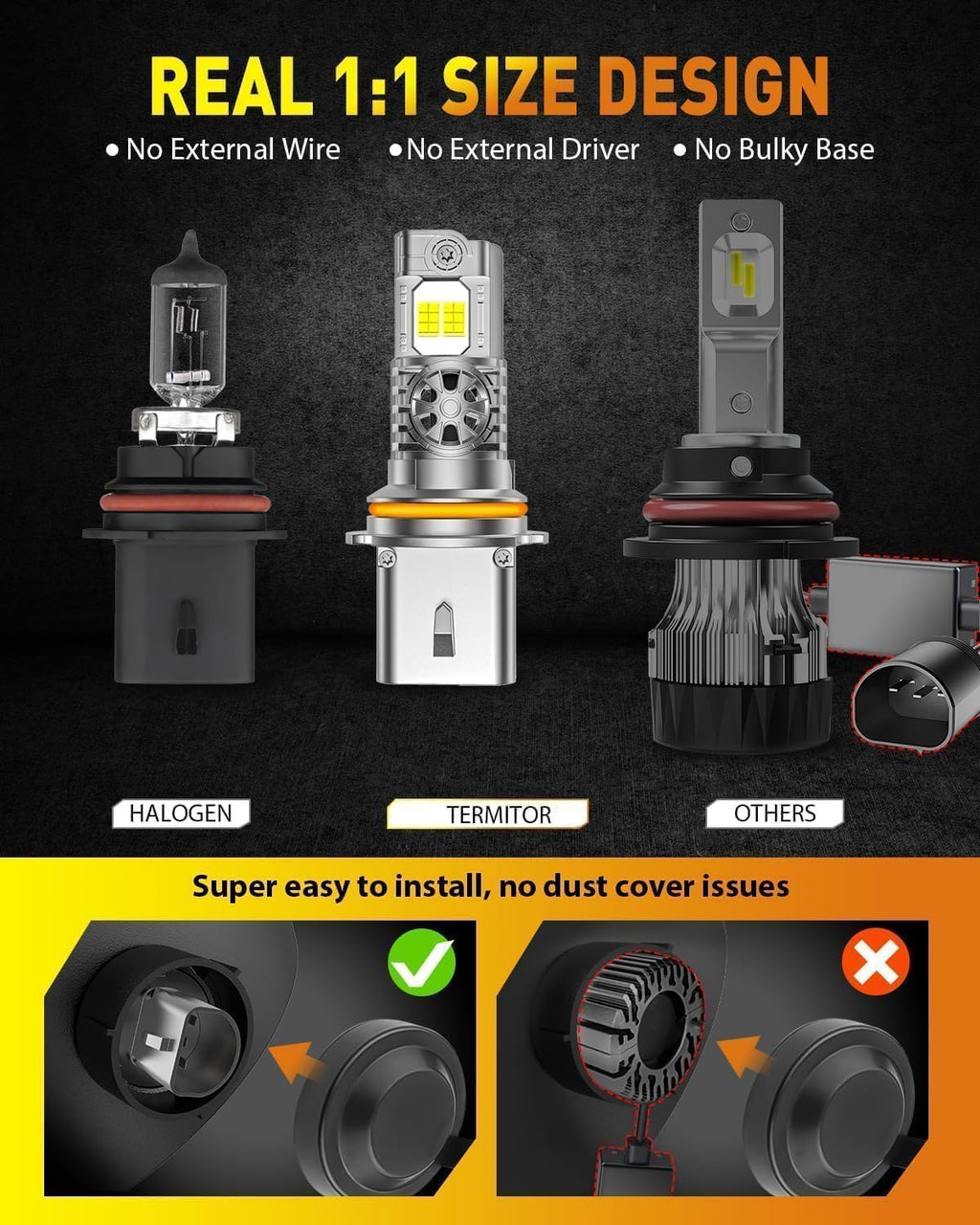 Termitor Laest H4/9003 HB2 Exterior Light Bulbs for Off-road, 15X Brighter 90,000LM, 85K+ hrs, 6500K Cool White, IP68 Waterproof, 1:1 OEM Size, 3 Minute Installation, Pack of 2