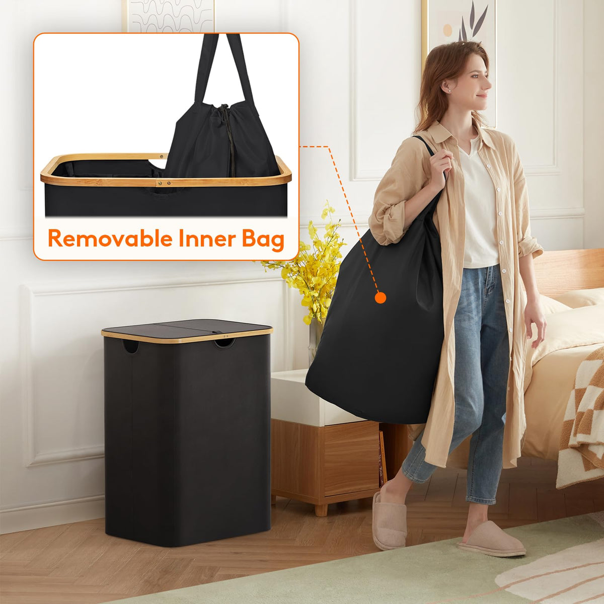 Lifewit 105L Large Laundry Basket with Lid, Removable Bags, Beige