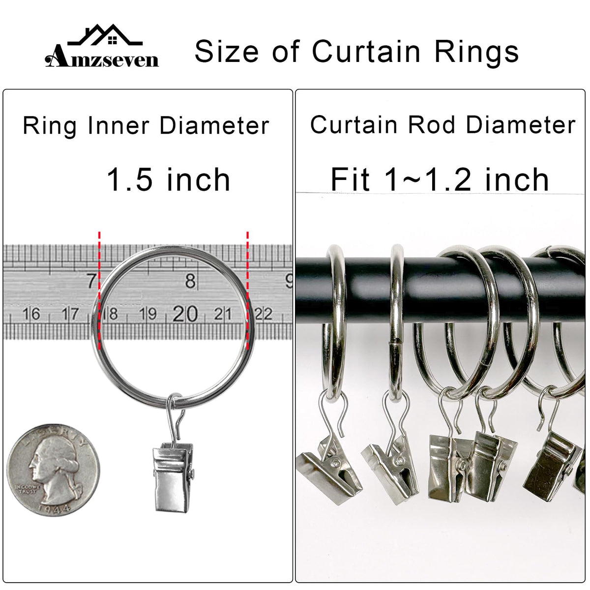 40 Pack Metal Curtain Rings with Clips, 1.5 in ID, Gold