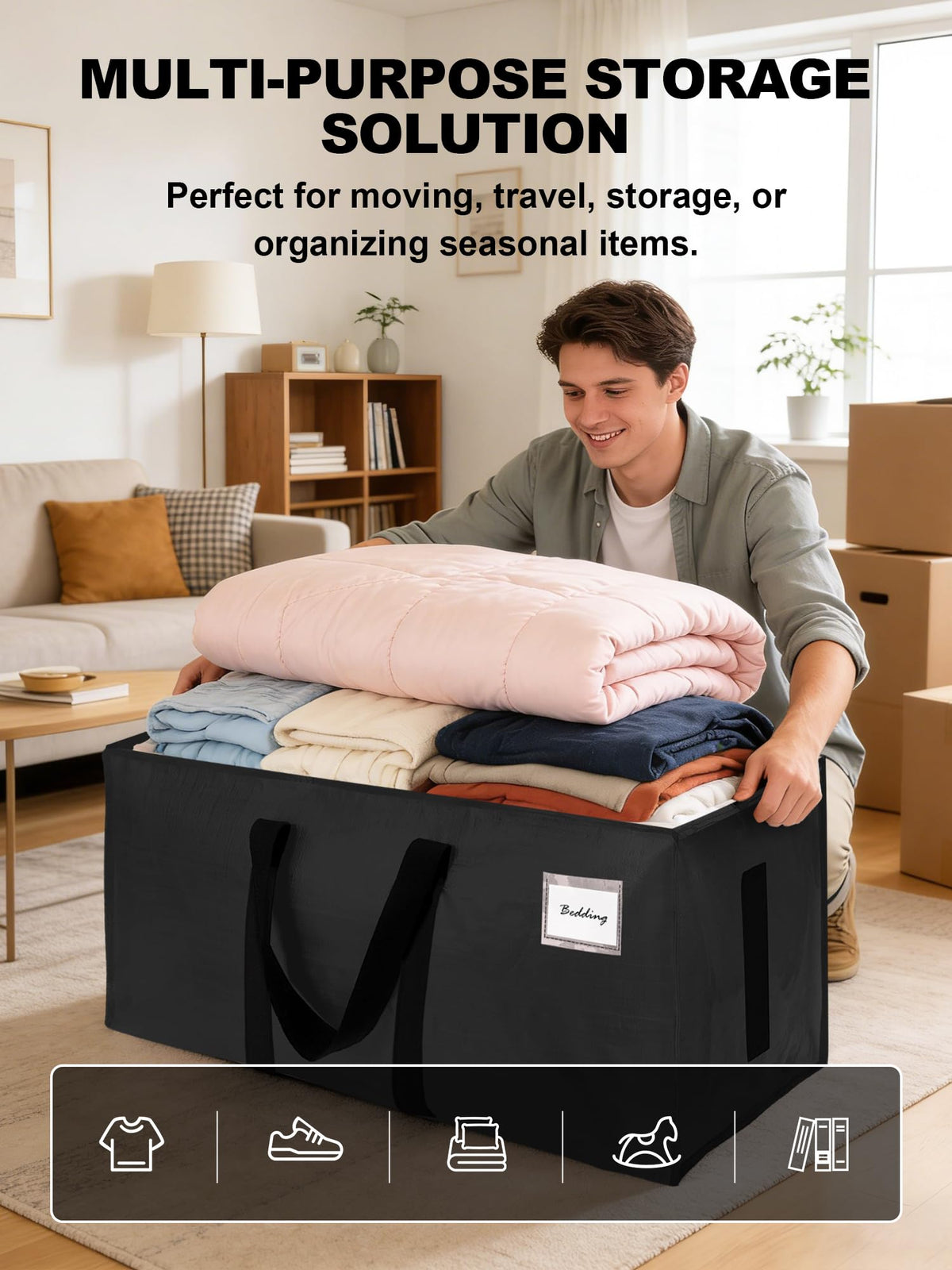 HOMESURE Supports 200lbs Heavy Duty Moving Bags - Strong Zipper & Wrap-Around Handles - Water-Resistant Storage Totes, Durable Alternative to Moving Boxes - 4 Pack - Semi-Transparent