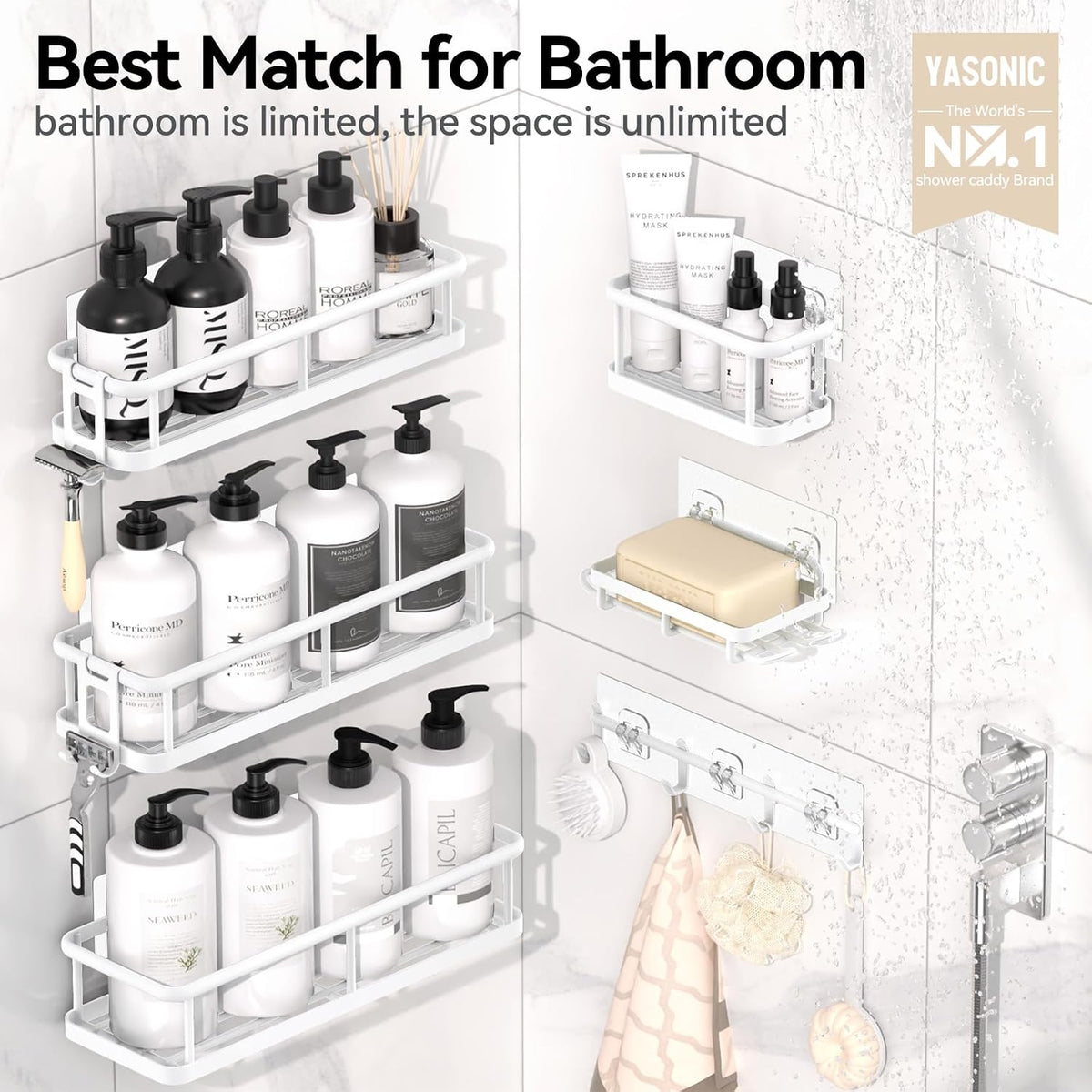 YASONIC Shower Caddy Adhesive, Rustproof Shower Shelves for Inside Shower