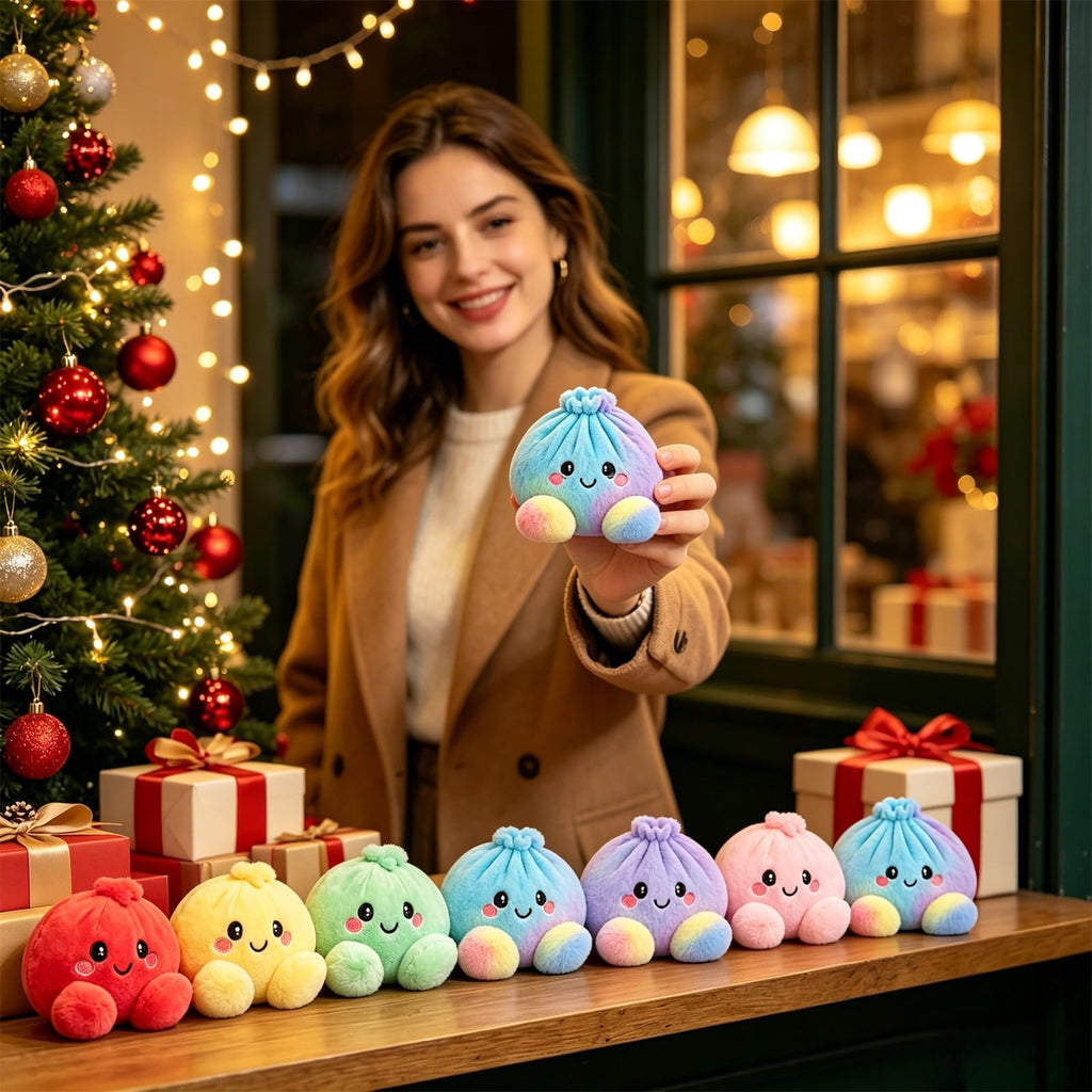 Plush Stuffed Dumpling Squishies, 3.94" Big Rainbow Squishes with Steamer