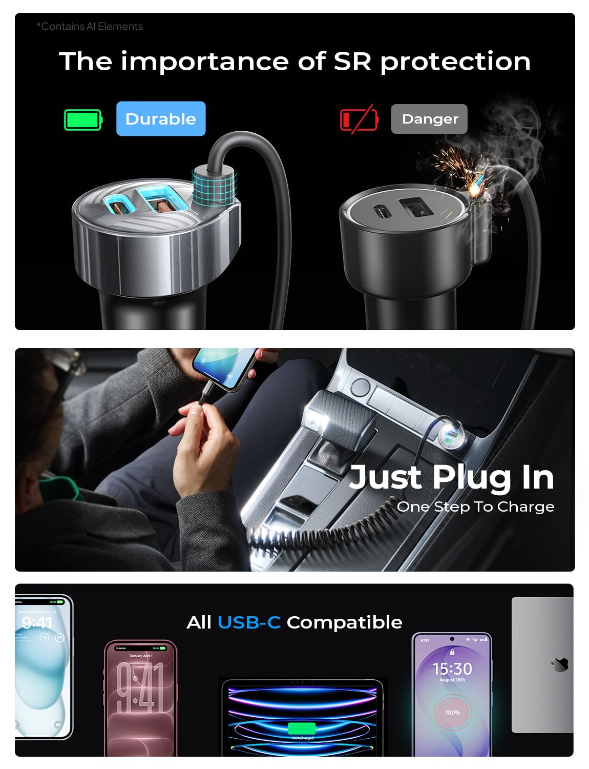 for iPhone 18/17 Pro Max Car Charger USB C Fast Charge with Coiled Cable