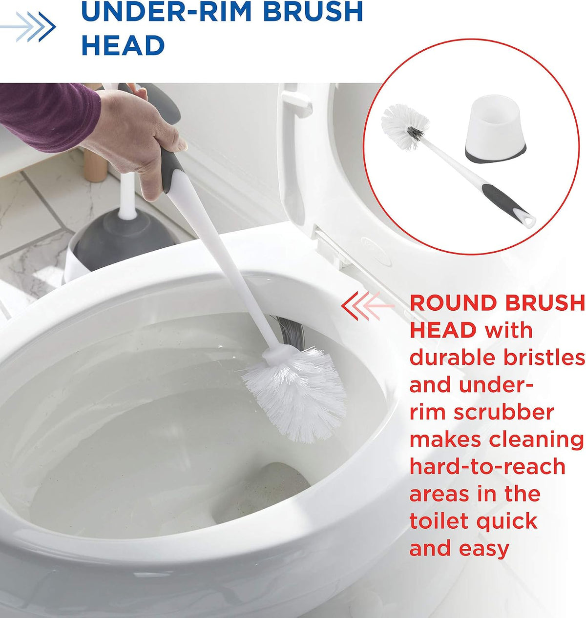Clorox Corner Toilet Bowl Brush with Under Rim Scrubber, Includes Corner Storage Caddy, White