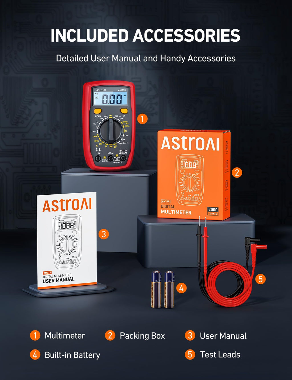 AstroAI Digital Multimeter Tester with Capacitance, 2000 Counts DC AC Voltmeter and Ohm Volt Amp Meter; Measures Voltage, Current, Resistance, Capacitance, Continuity and Diode, Orange