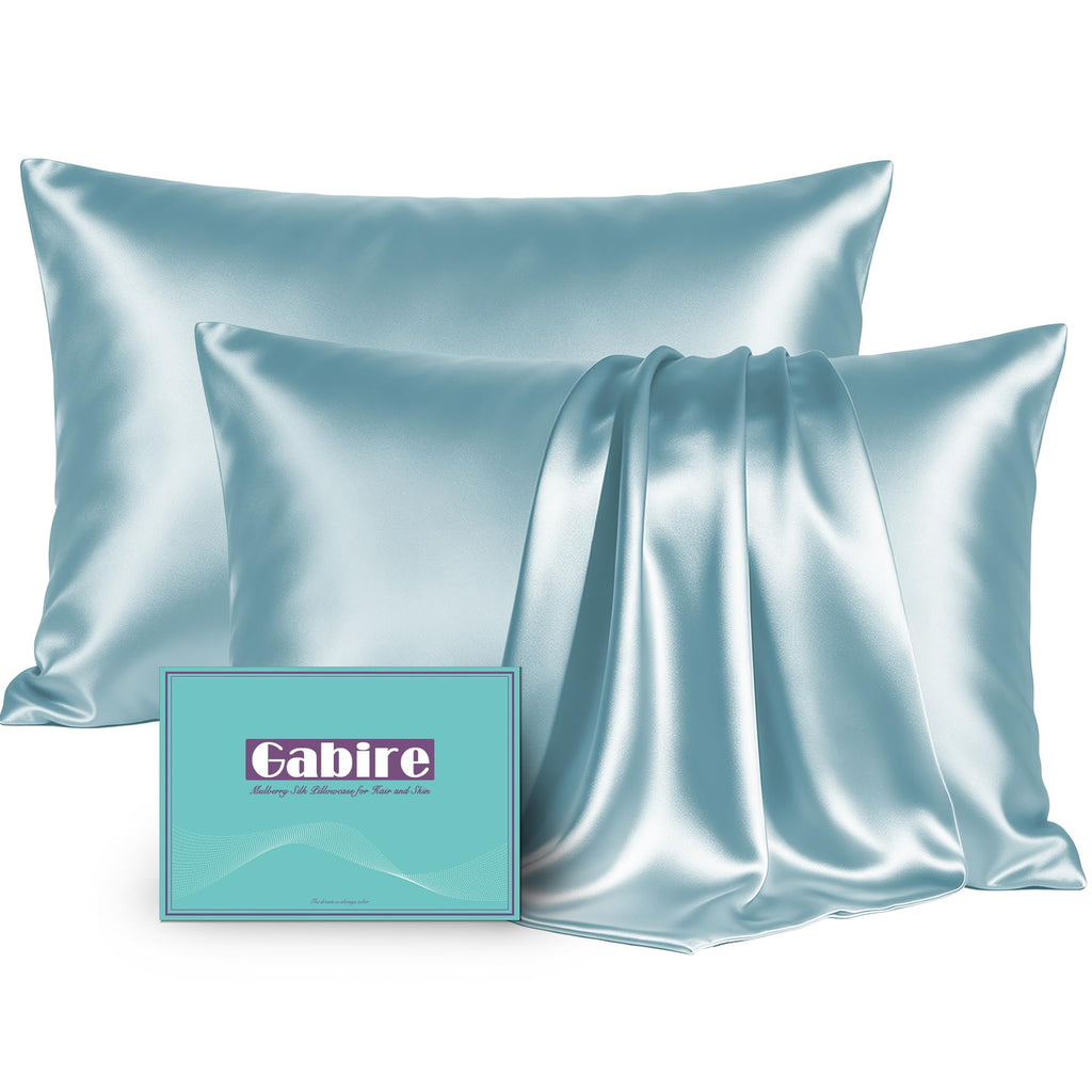 Gabire Mulberry Silk Pillowcases Set of 2, Both Sides Real Silk Pillowcase for Hair and Skin Prevent Acne Pillowcase Organic Silk Pillow case 2 Pack with Hidden Zipper, Navy Blue, Standard (20"×26")