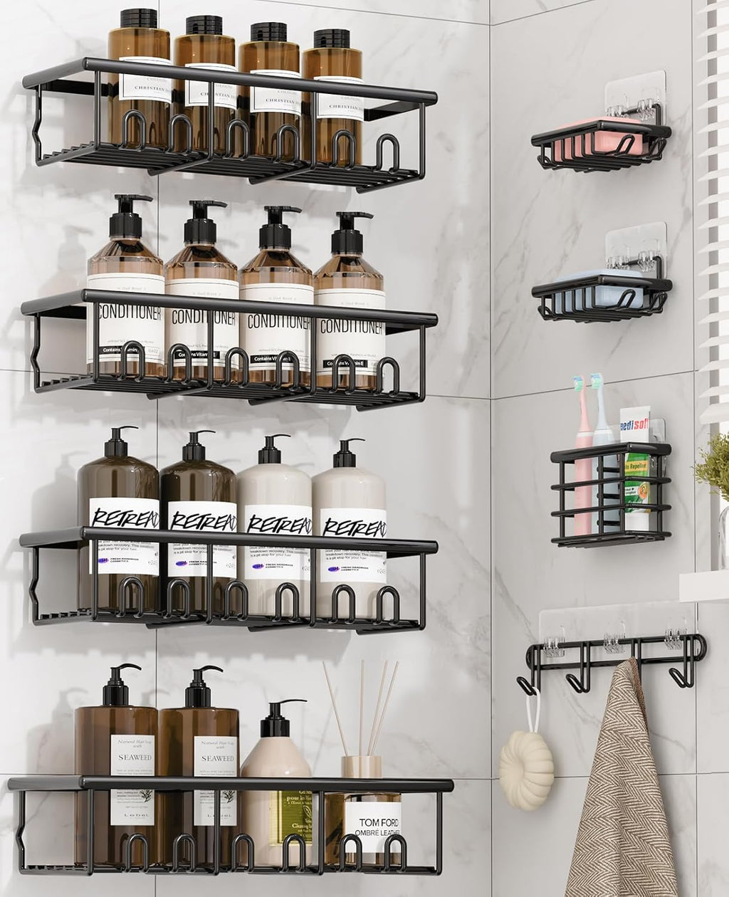 8 Pack Adhesive Bathroom Holders & Dispensers for Kids & Adults, Black