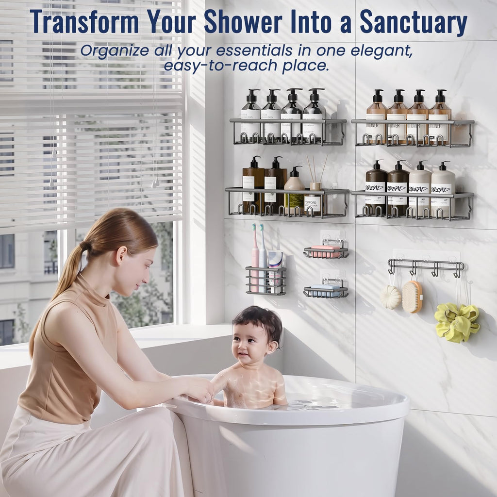 8 Pack Adhesive Bathroom Holders & Dispensers for Kids & Adults, Black