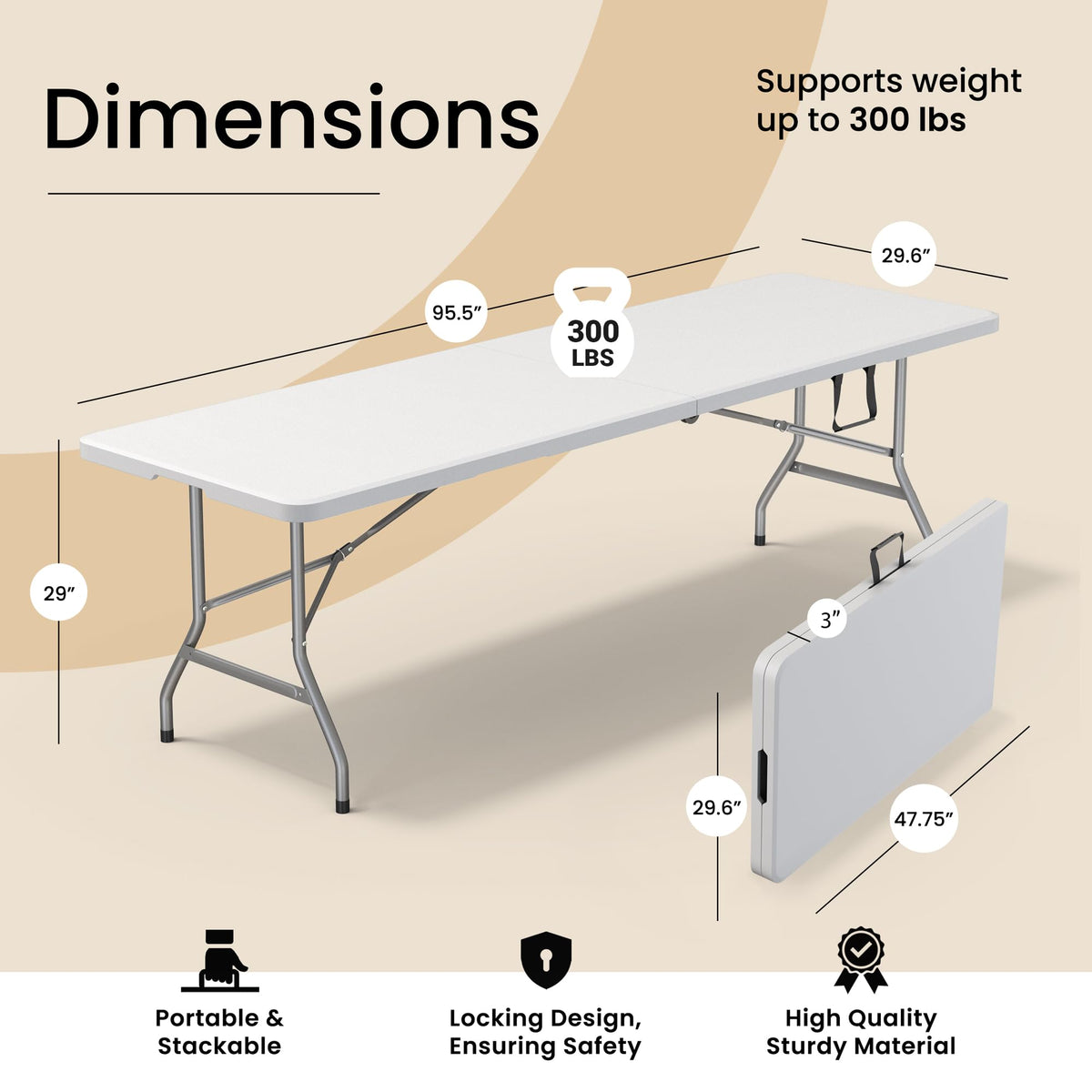 10 PACK of 8 Feet Foldable Table with Built in Handle & Steel Legs | 8 FT Heavy Duty Portable | Perfect for Party, Dining, Wedding, Events, Picnic Indoor, Outdoor, Camping, Temporary - 8 Foot