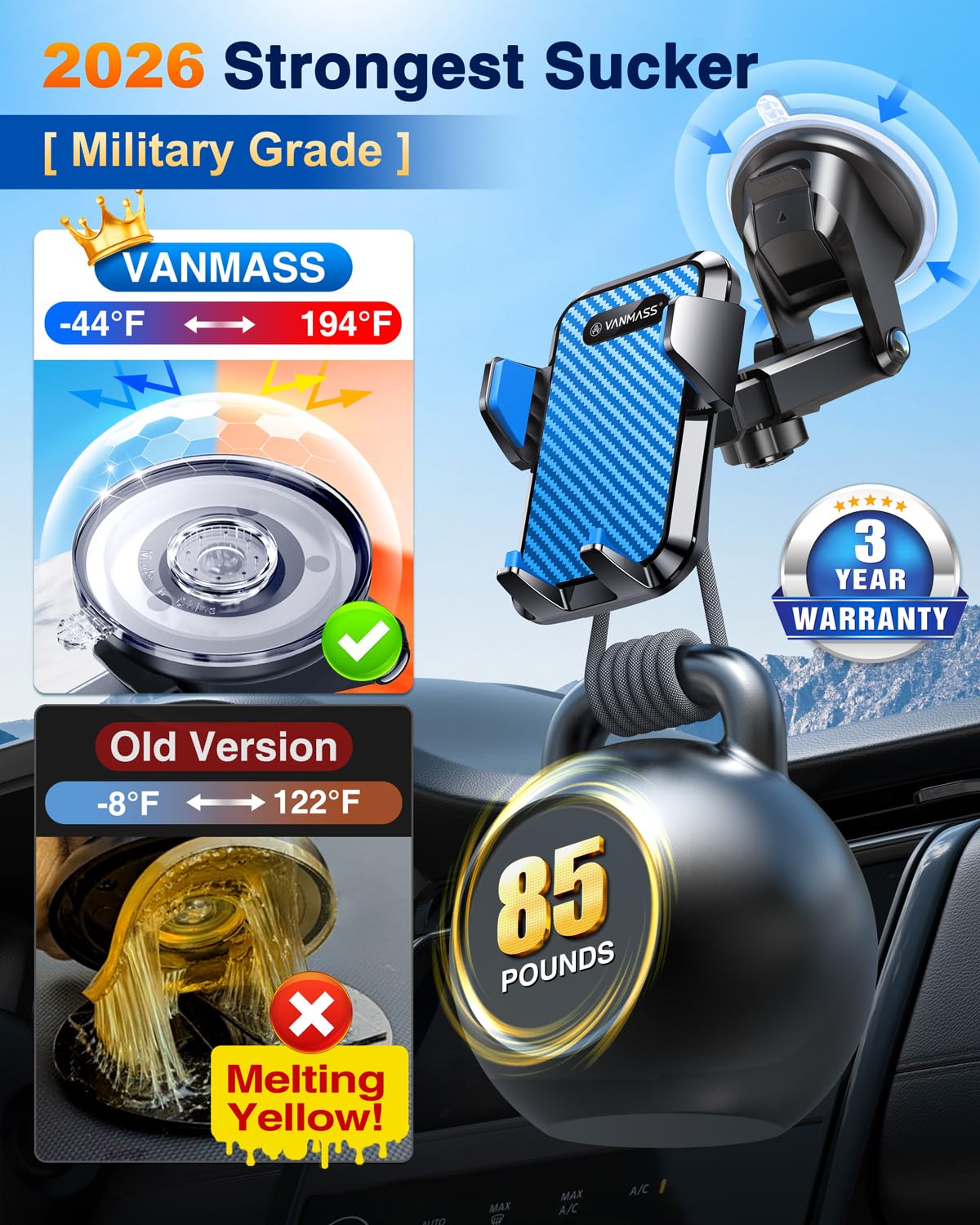 VANMASS【85+LBS Strongest Suction & Military-Grade Ultimate Car Phone Mount【Patent Safety Certs】 Cell Phone Holder for Dash Windshield Vent for iPhone 18 17 Pro Max Automobile Interior Sets, Ink Black