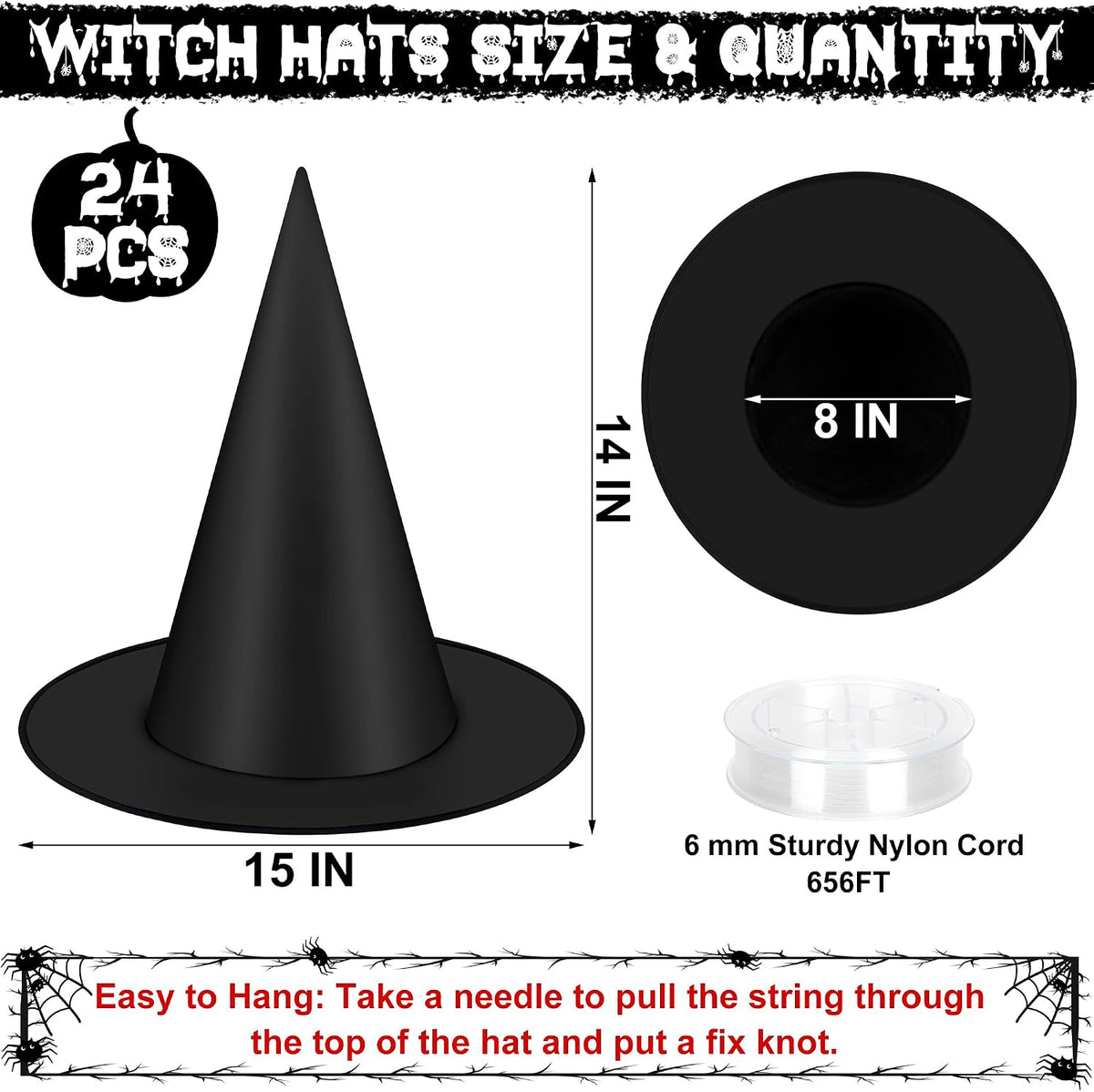 24 PCS Halloween Witch Hat with Nylon Ropes for Halloween Yard Decor
