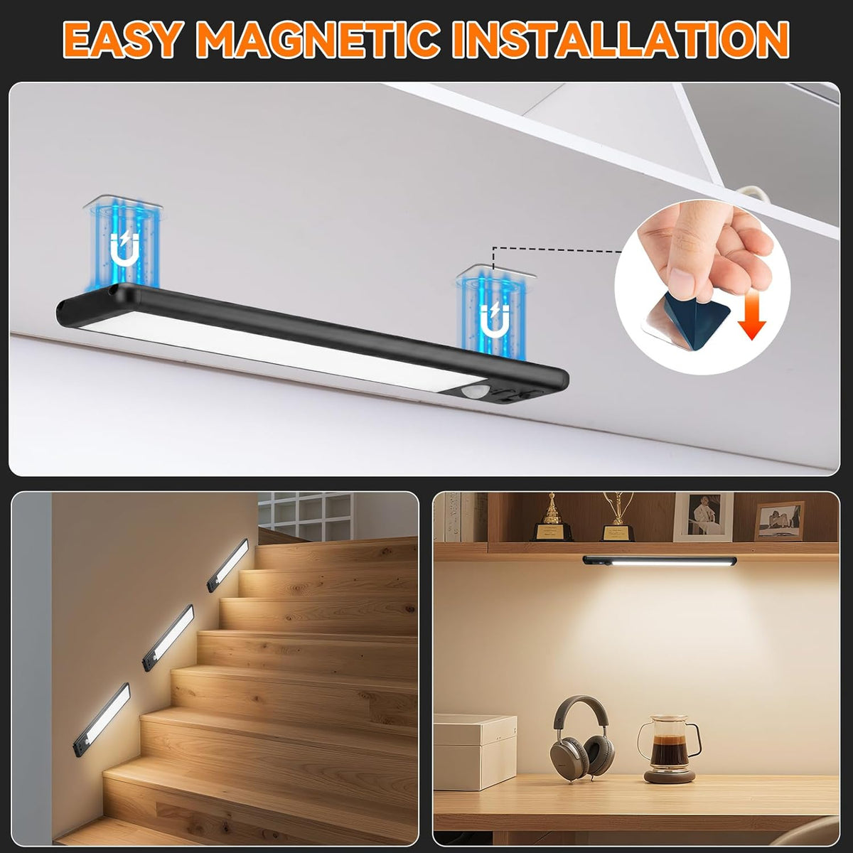 Under Cabinet Lighting Wireless, 15inch Motion Sensor Light, 3Pack-Black
