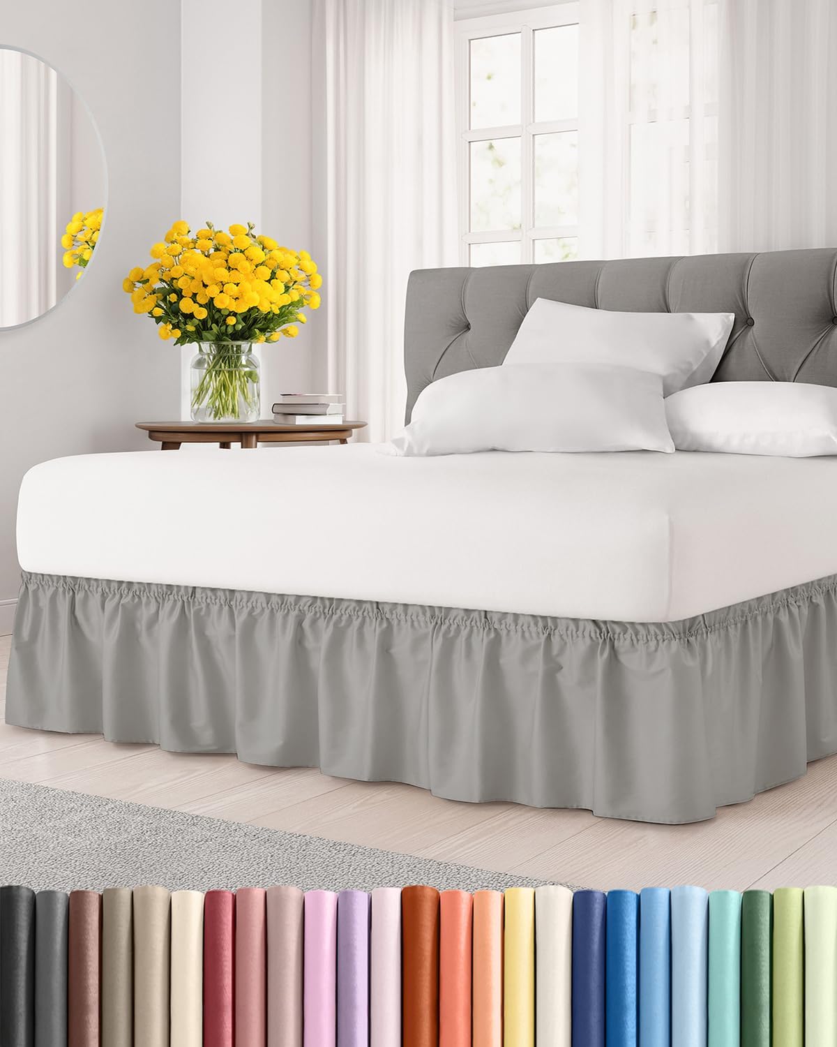 CGK Wrap Around Dust Ruffle Bed Skirt - Full Size, 14" Inch, Light Grey