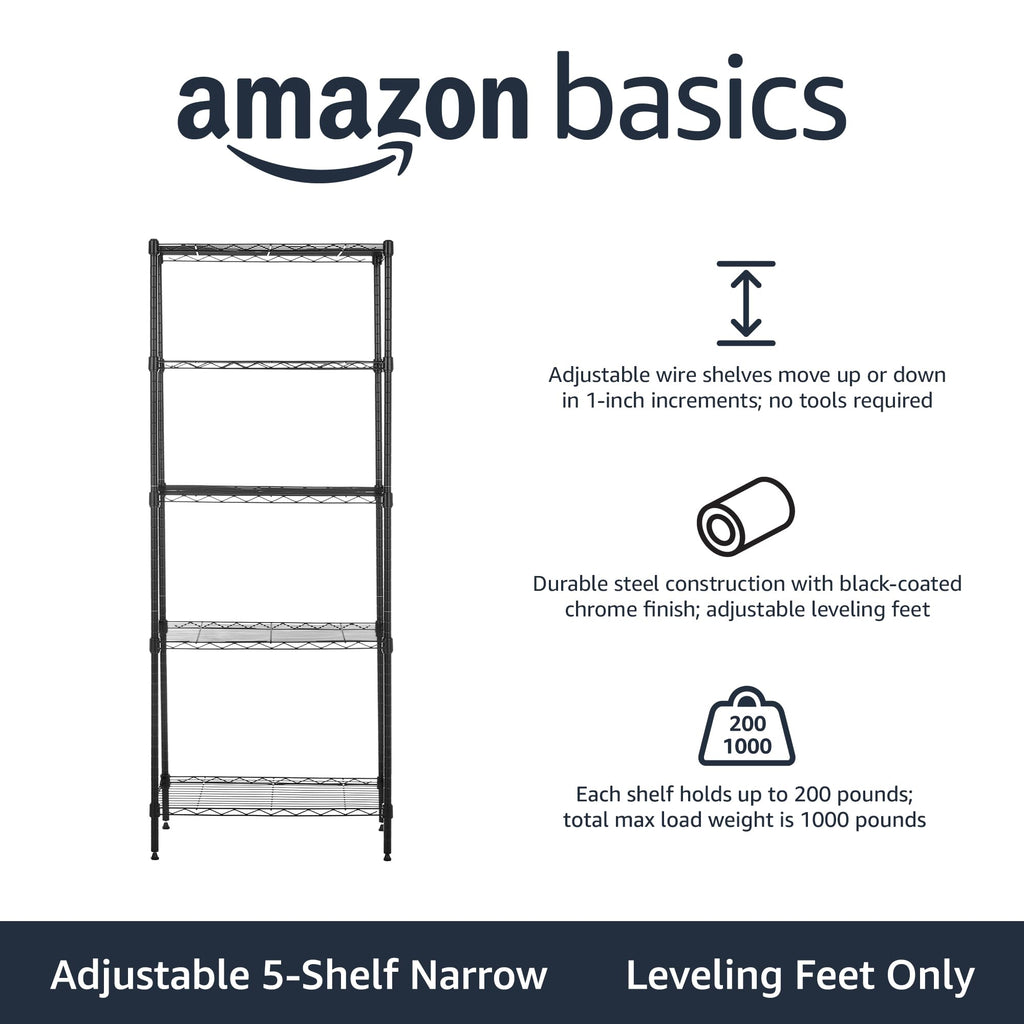 Amazon Basics 5-Shelf Tower Adjustable Storage Shelving Unit, Chrome, 16" x 16" x 54", 150 lbs Per Shelf
