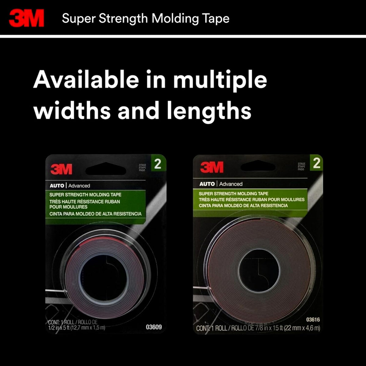 3M Super-Strength Molding Tape, 1/2 in x 15 ft, Double-Sided Adhesive, Permanently Attaches Side Moldings, Trim and Emblems to Interior and Exterior of Vehicles (03614), Gray