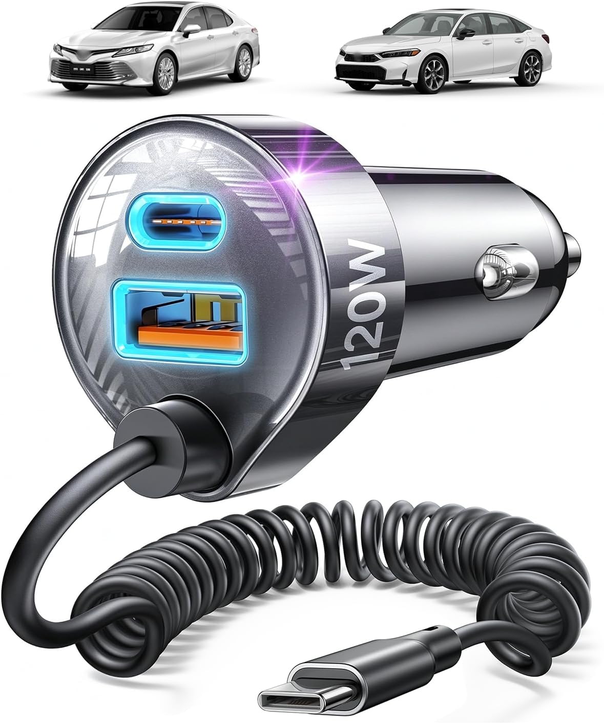 for iPhone 18/17 Pro Max Car Charger USB C Fast Charge with Coiled Cable